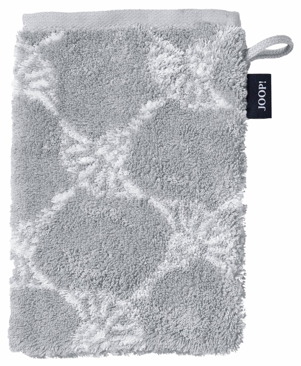 Grauer Waschhandschuh mit geometrischem Muster, von oben fotografiert, mit einer Schlaufe und einem Markenetikett an der Seite.