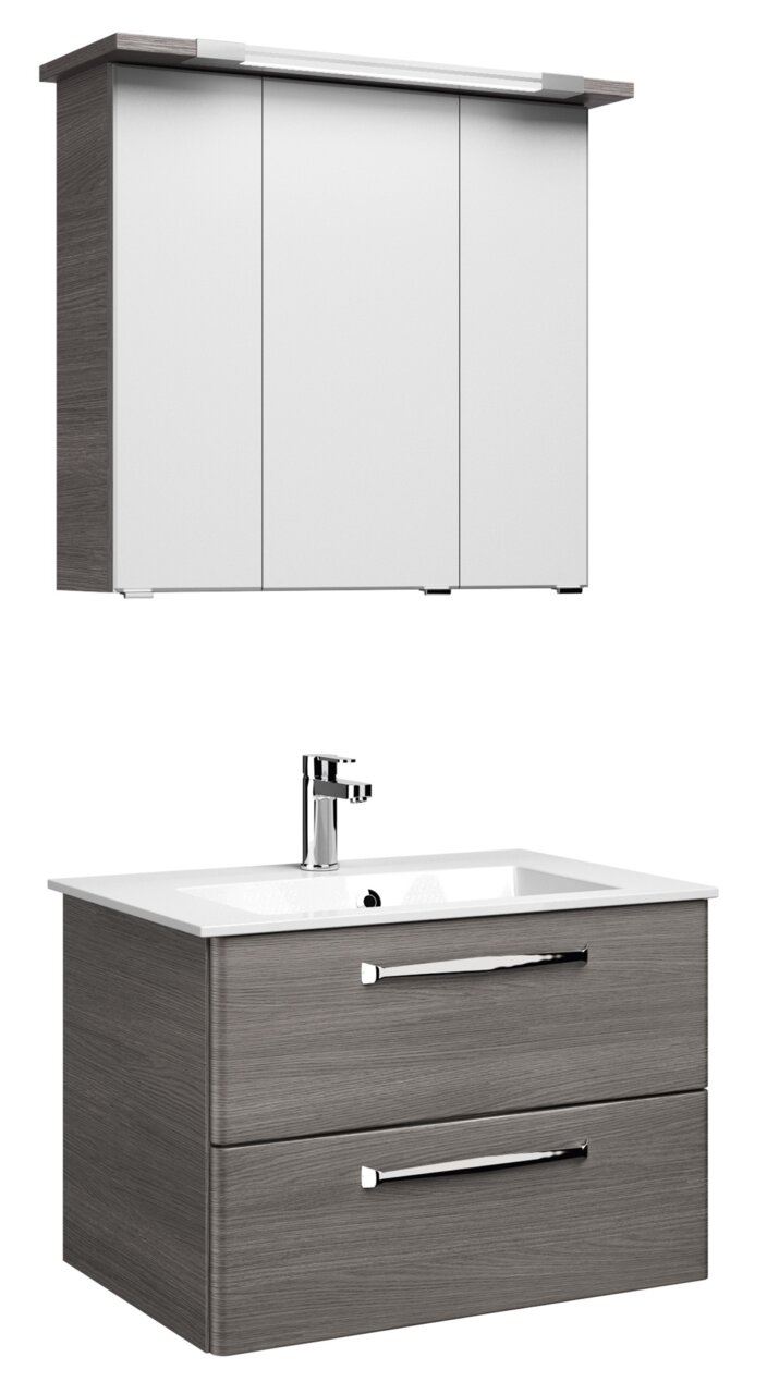 Pelipal Badblok TRENTINO Modern badkamermeubel met spiegelkast en wastafelonderkast in houtlook, vooraanzicht