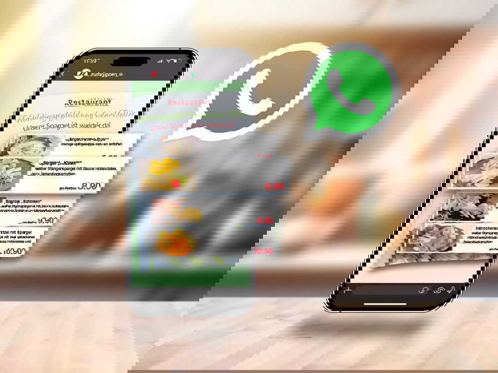 Smartphone mit Angeboten des Restaurants und WhatsApp-Symbol.
