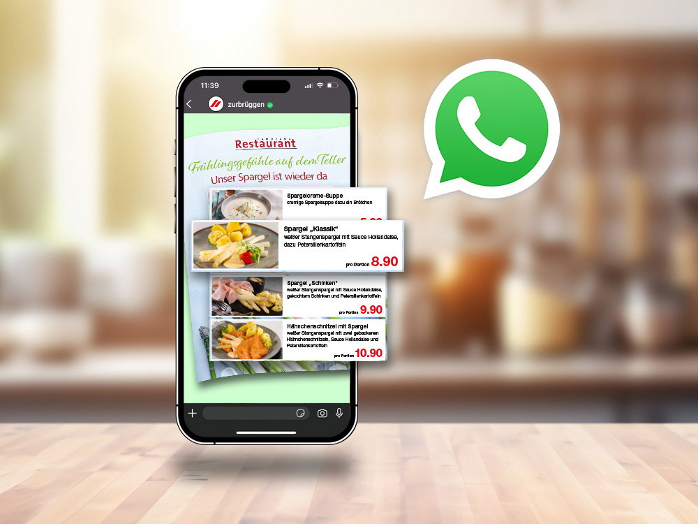 Smartphone mit Angeboten des Restaurants und WhatsApp-Symbol.