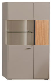 Modernes Highboard in Beige mit Glaseinsatz und Holzakzent, Frontalansicht
