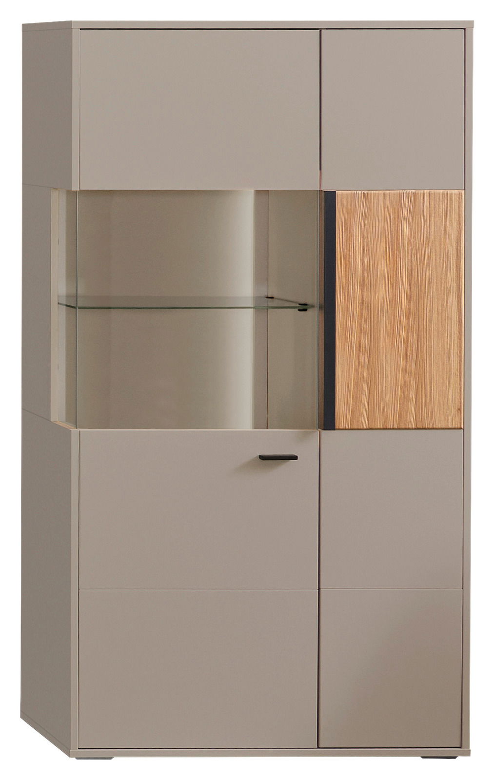 Modernes Highboard in Beige mit Glaseinsatz und Holzakzent, Frontalansicht