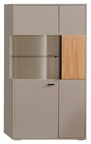 Modern hoogkast in beige met glazen inzetstuk en houten accenten, vooraanzicht