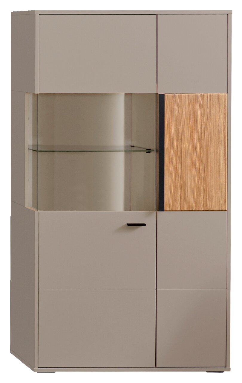Modern hoogkast in beige met glazen inzetstuk en houten accenten, vooraanzicht