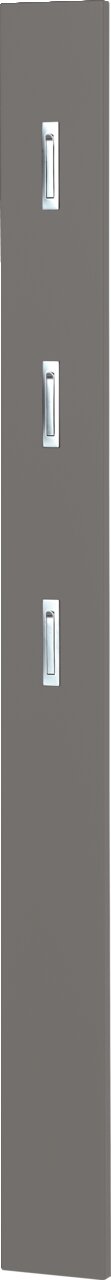 Garderobenpaneel in dunklem Grau mit drei silbernen Haken, seitliche Perspektive