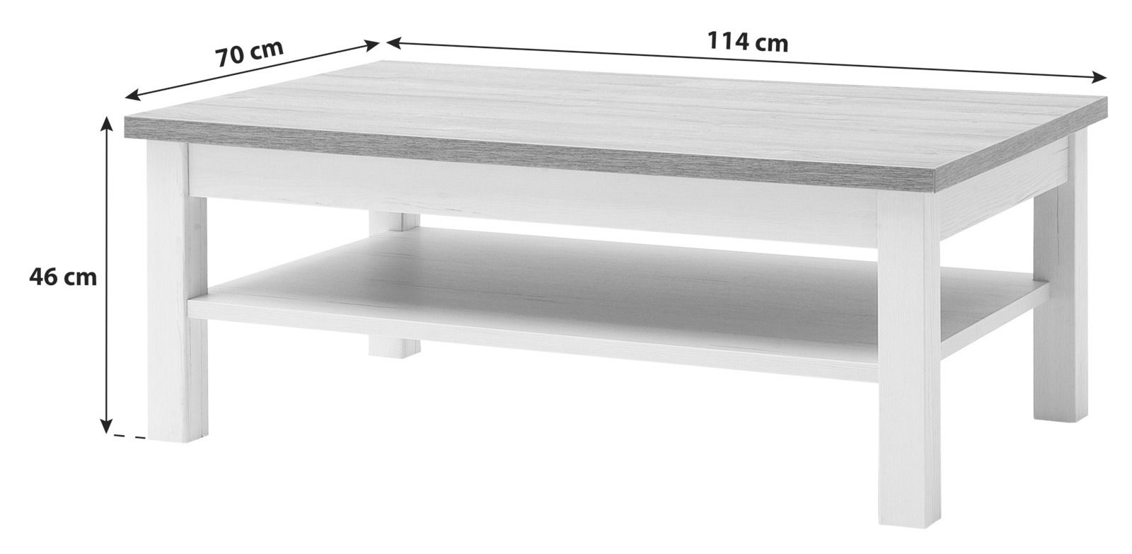 Moderner Couchtisch in Weiß mit grauer Tischplatte, rechteckig, mit zusätzlicher Ablagefläche, seitliche Perspektive.