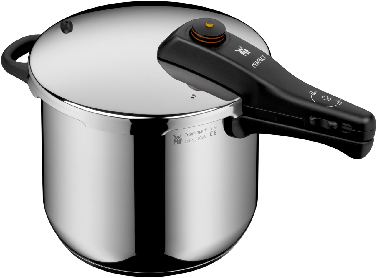 Schnellkochtopf Perfect 6,5L aus Edelstahl mit schwarzem Griff, seitliche Perspektive