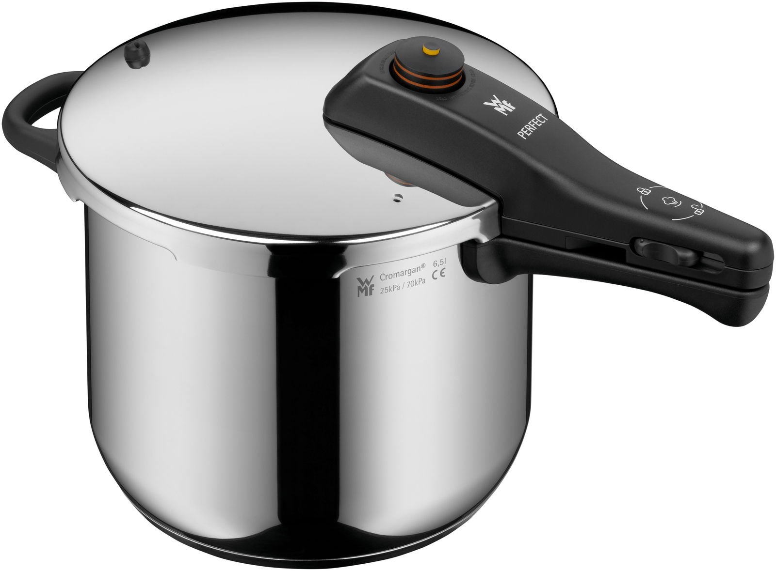 Schnellkochtopf Perfect 6,5L aus Edelstahl mit schwarzem Griff, seitliche Perspektive