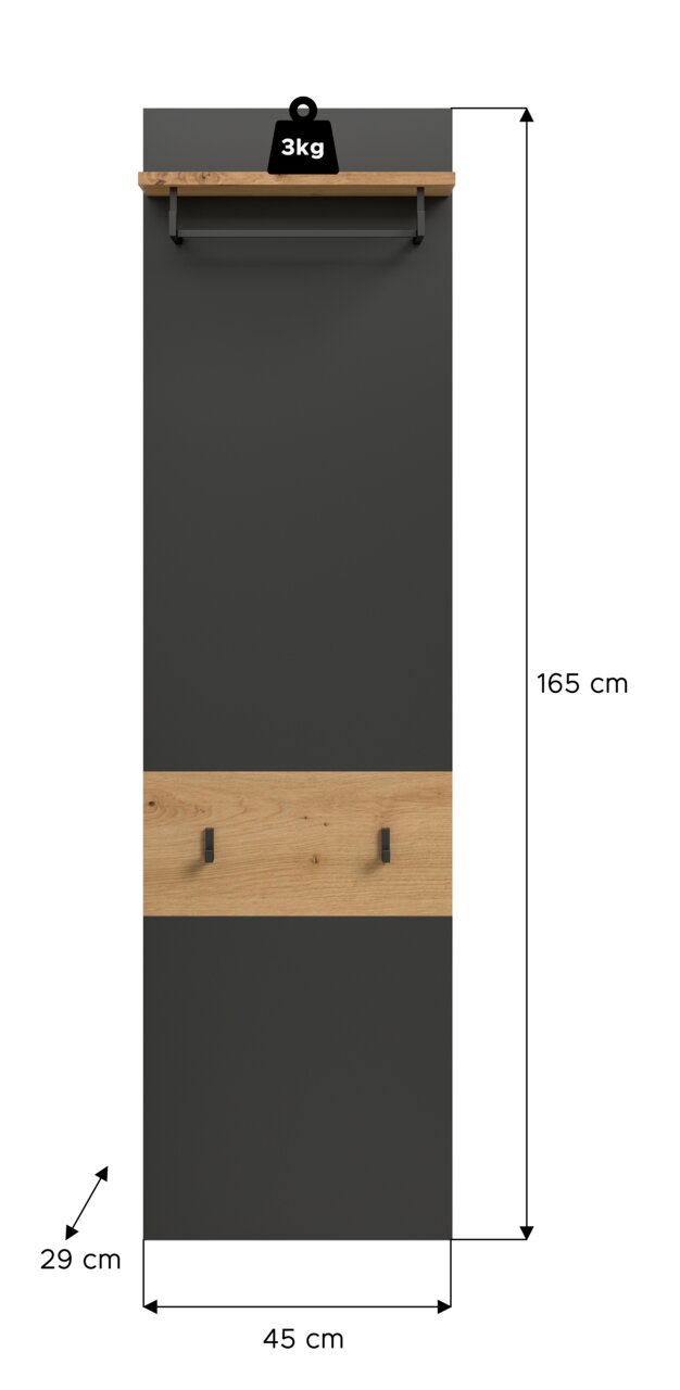 Frontansicht einer schmalen Garderobenpaneel-Wandgarderobe in Anthrazit mit Holzablage oben (bis 3 kg), mittlerer Holzleiste mit zwei schwarzen Haken; Maße ca. 165 x 45 x 29 cm