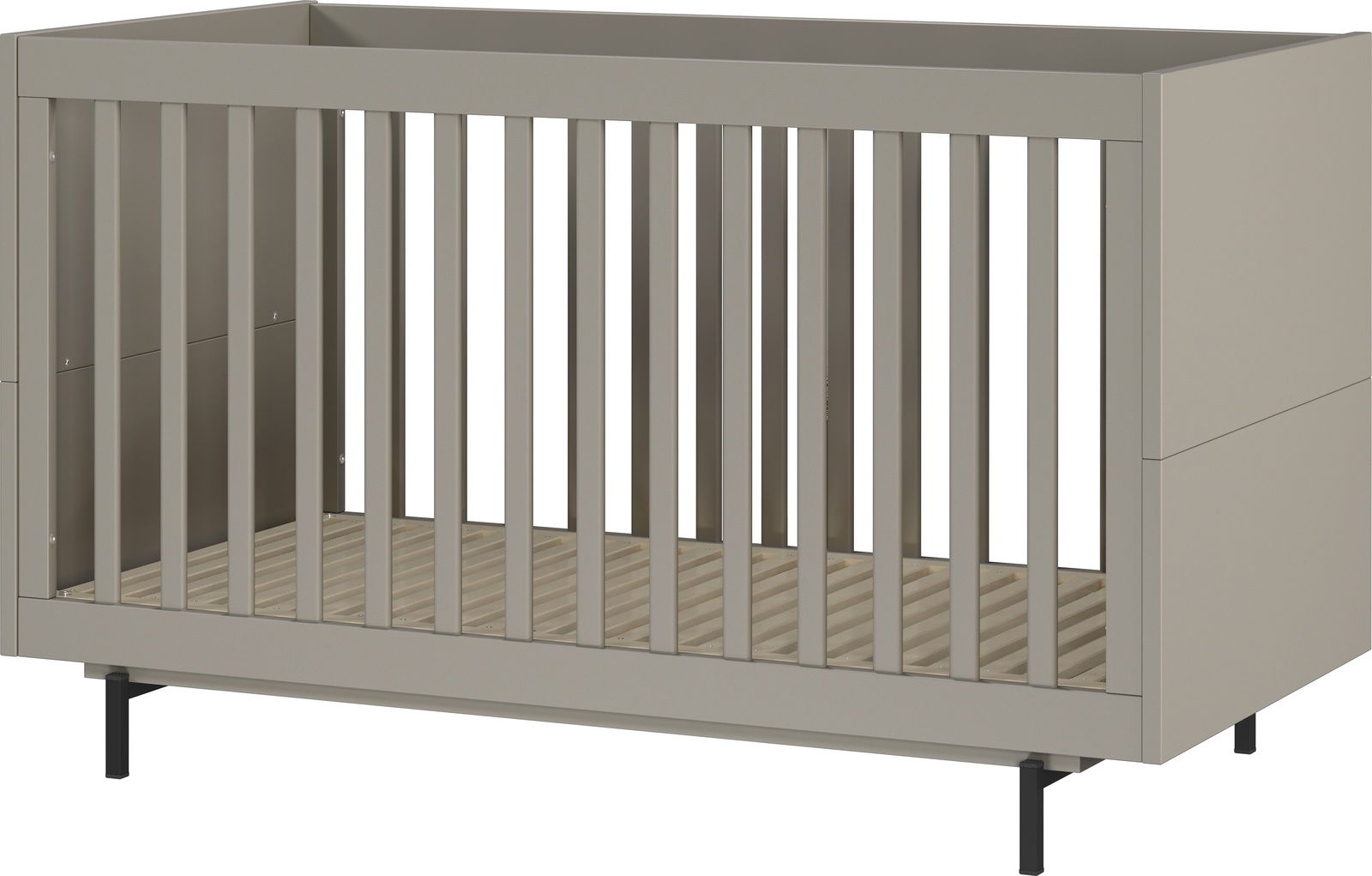 Modernes Babybett in neutralem Grau, seitliche Perspektive