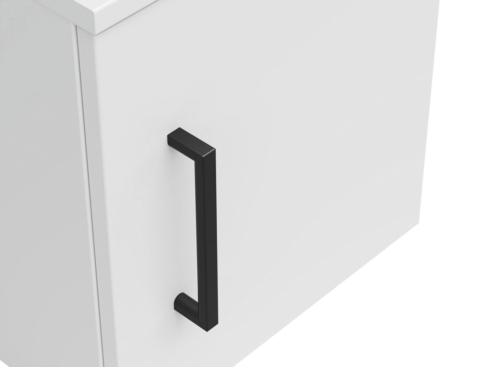 Weißer Aufsatzschrank mit schwarzem Griff, seitliche Perspektive