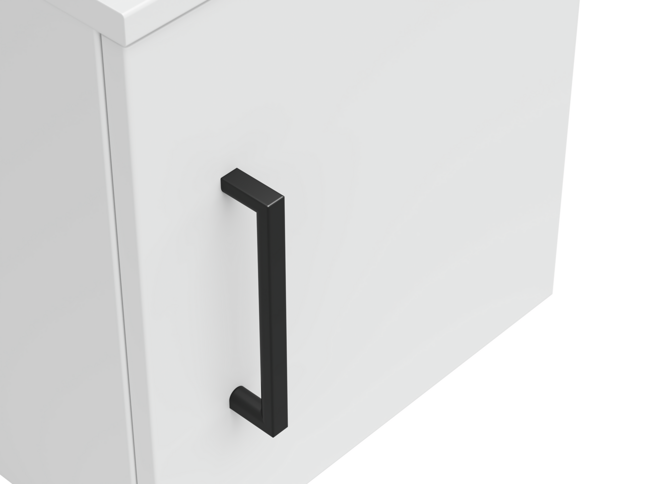 Weißer Aufsatzschrank mit schwarzem Griff, seitliche Perspektive
