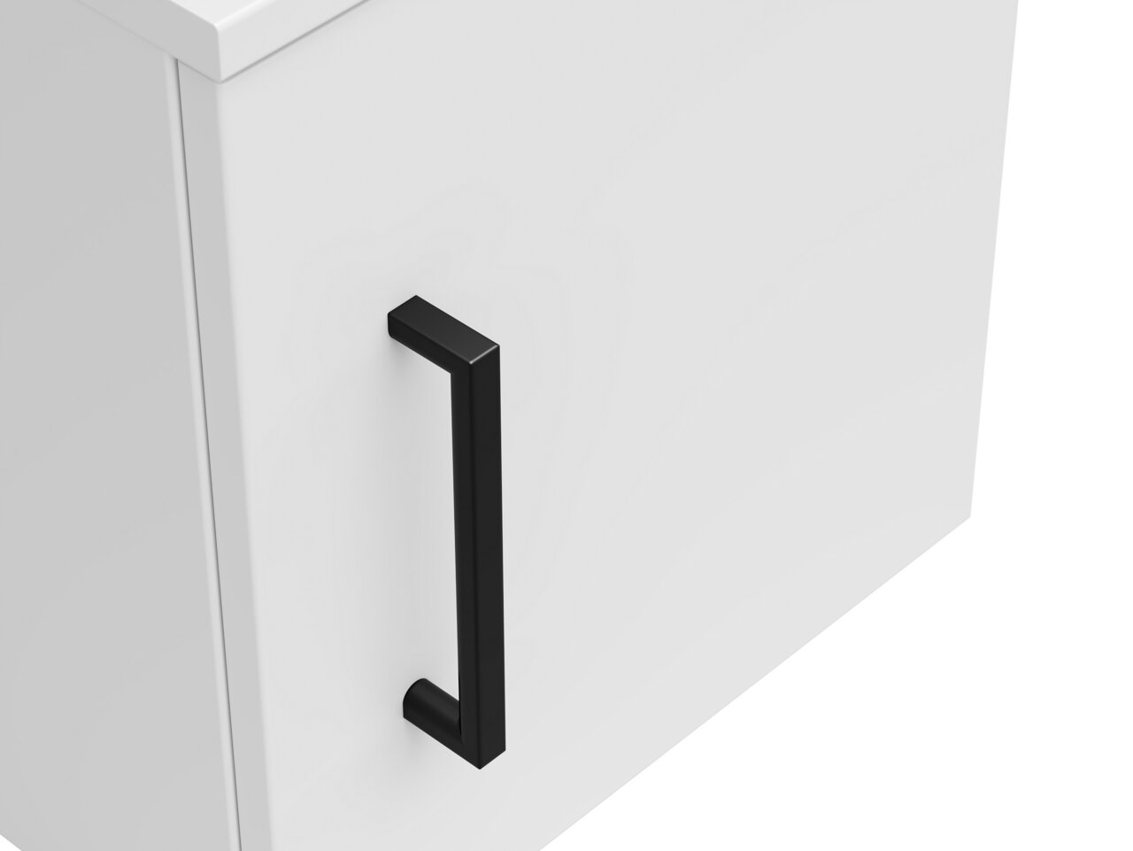 Weißer Aufsatzschrank mit schwarzem Griff, seitliche Perspektive