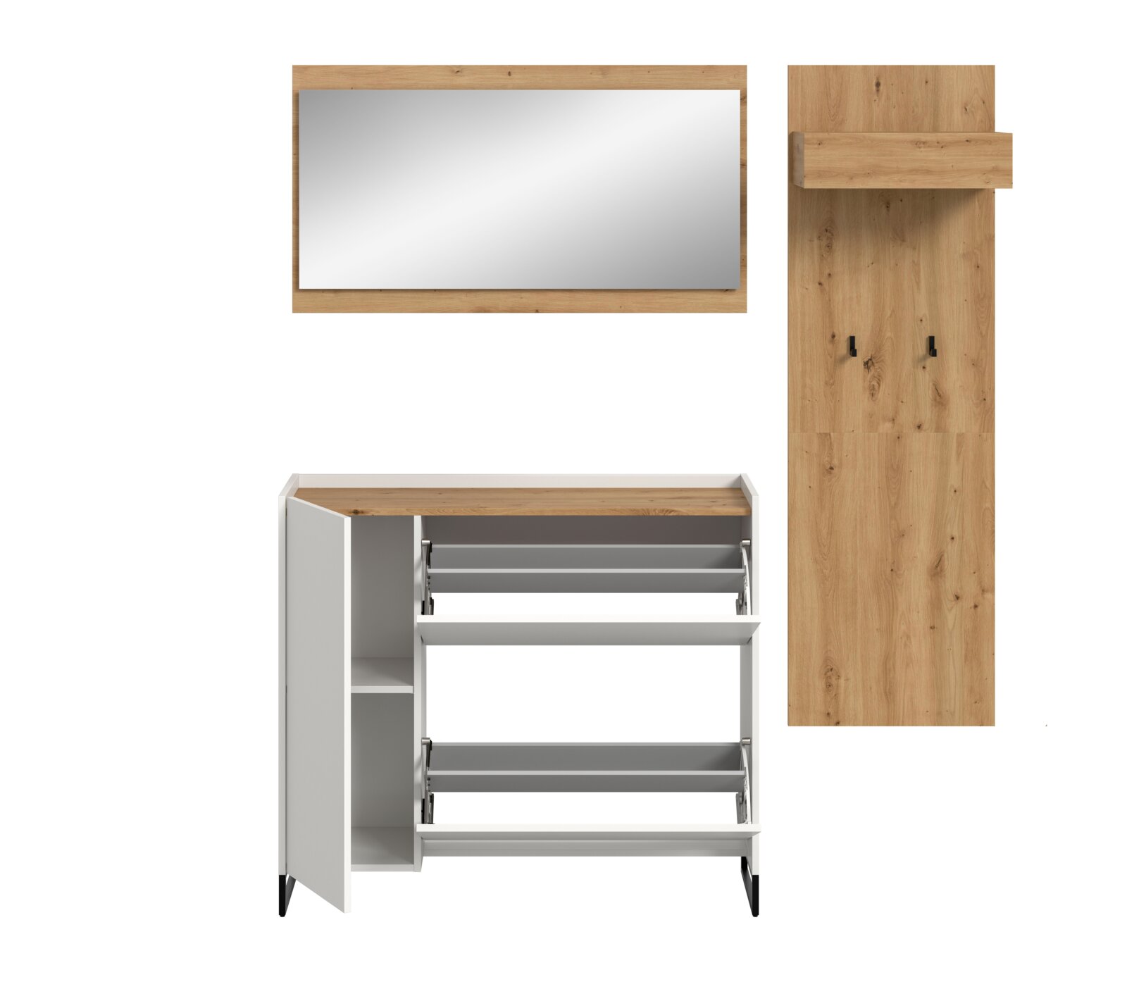 Modernes Garderoben-Set mit Spiegel im Holzrahmen, weißem Schuhschrank mit zwei Klappen und offener Tür sowie Holz-Wandpaneel mit Ablage und Haken, frontale Ansicht