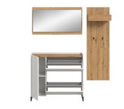Modernes Garderoben-Set mit Spiegel im Holzrahmen, weißem Schuhschrank mit zwei Klappen und offener Tür sowie Holz-Wandpaneel mit Ablage und Haken, frontale Ansicht