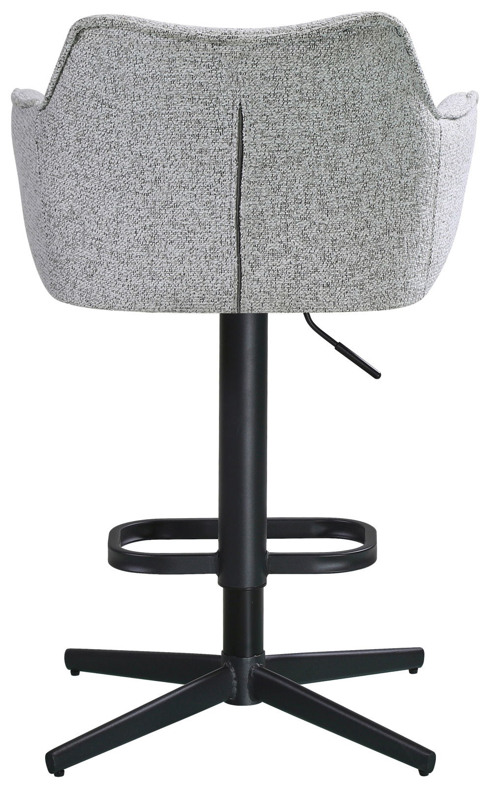 Rückansicht eines modernen Barhockers mit grauem Stoffbezug und schwarzem Metallgestell.