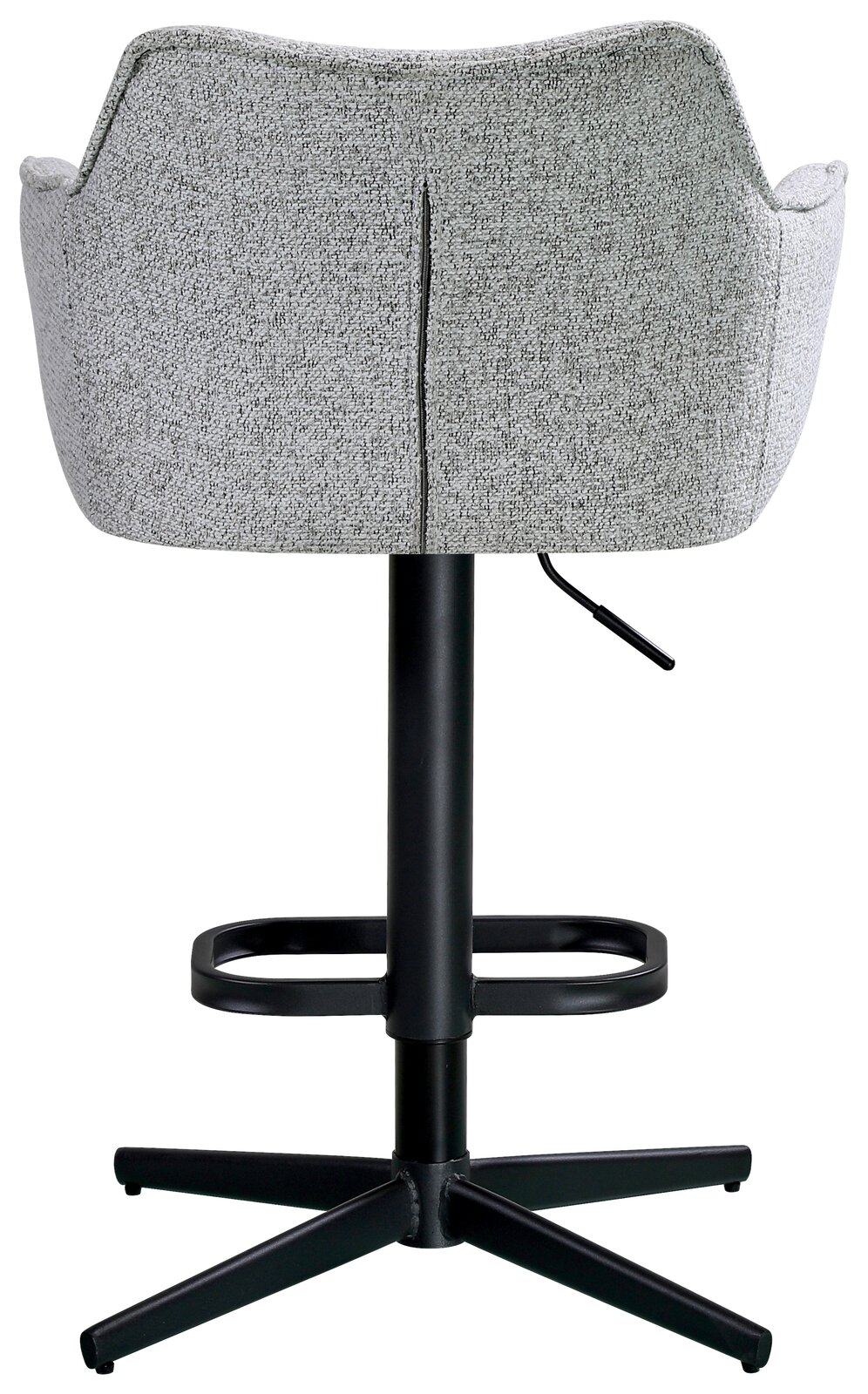 Rückansicht eines modernen Barhockers mit grauem Stoffbezug und schwarzem Metallgestell.