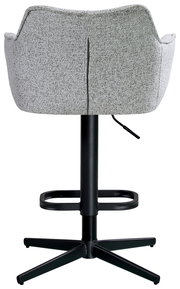 Rückansicht eines modernen Barhockers mit grauem Stoffbezug und schwarzem Metallgestell.