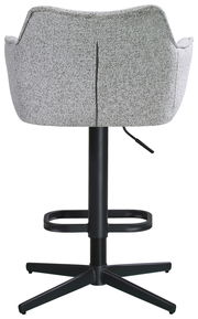Rückansicht eines modernen Barhockers mit grauem Stoffbezug und schwarzem Metallgestell.