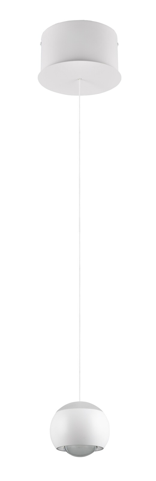 Moderne weiße Pendelleuchte mit kugelförmigem Lampenschirm, seitliche Perspektive