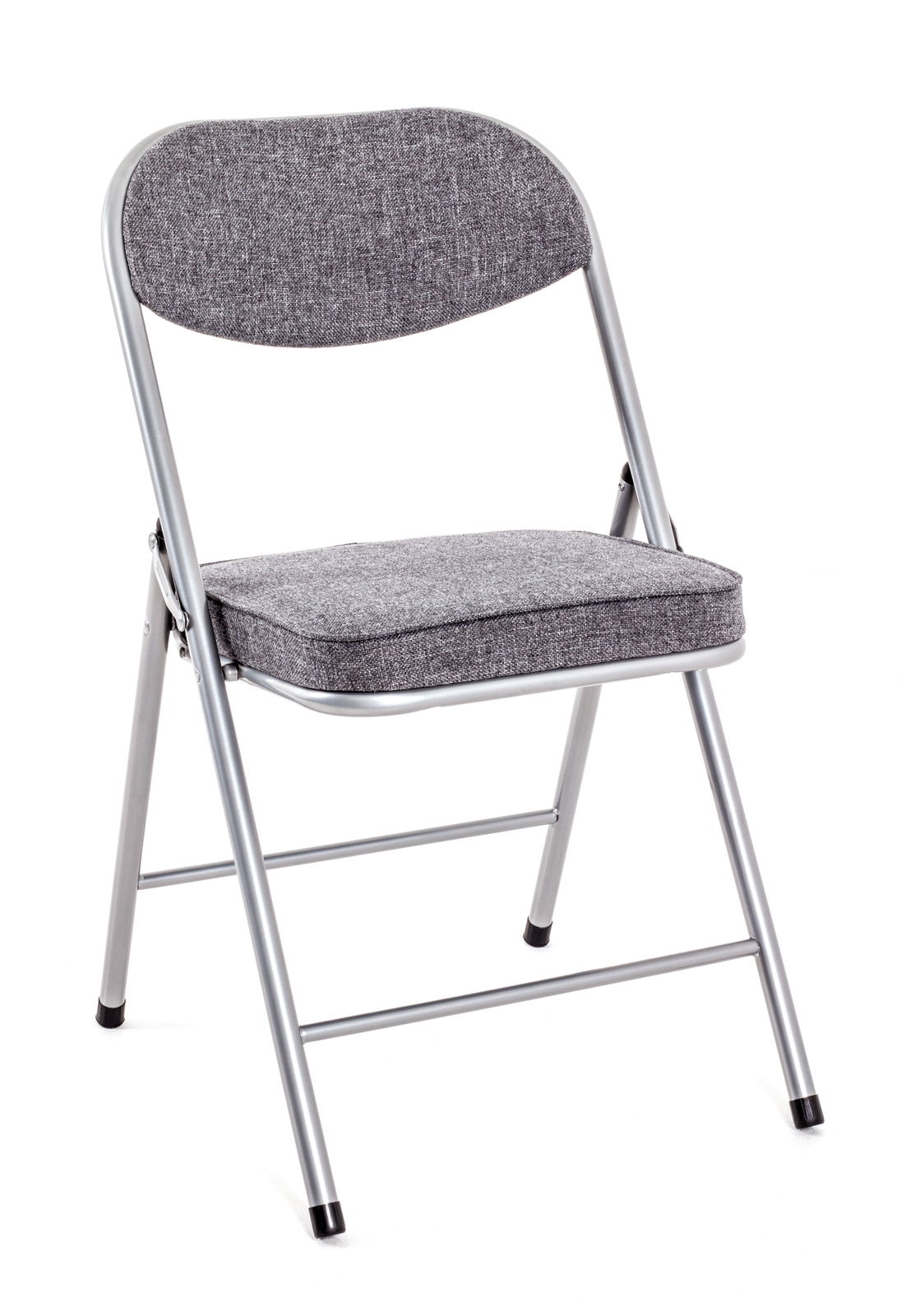 Grauer Klappstuhl mit gepolstertem Sitz und Rückenlehne, seitliche Perspektive