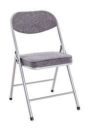 Grauer Klappstuhl mit gepolstertem Sitz und Rückenlehne, seitliche Perspektive