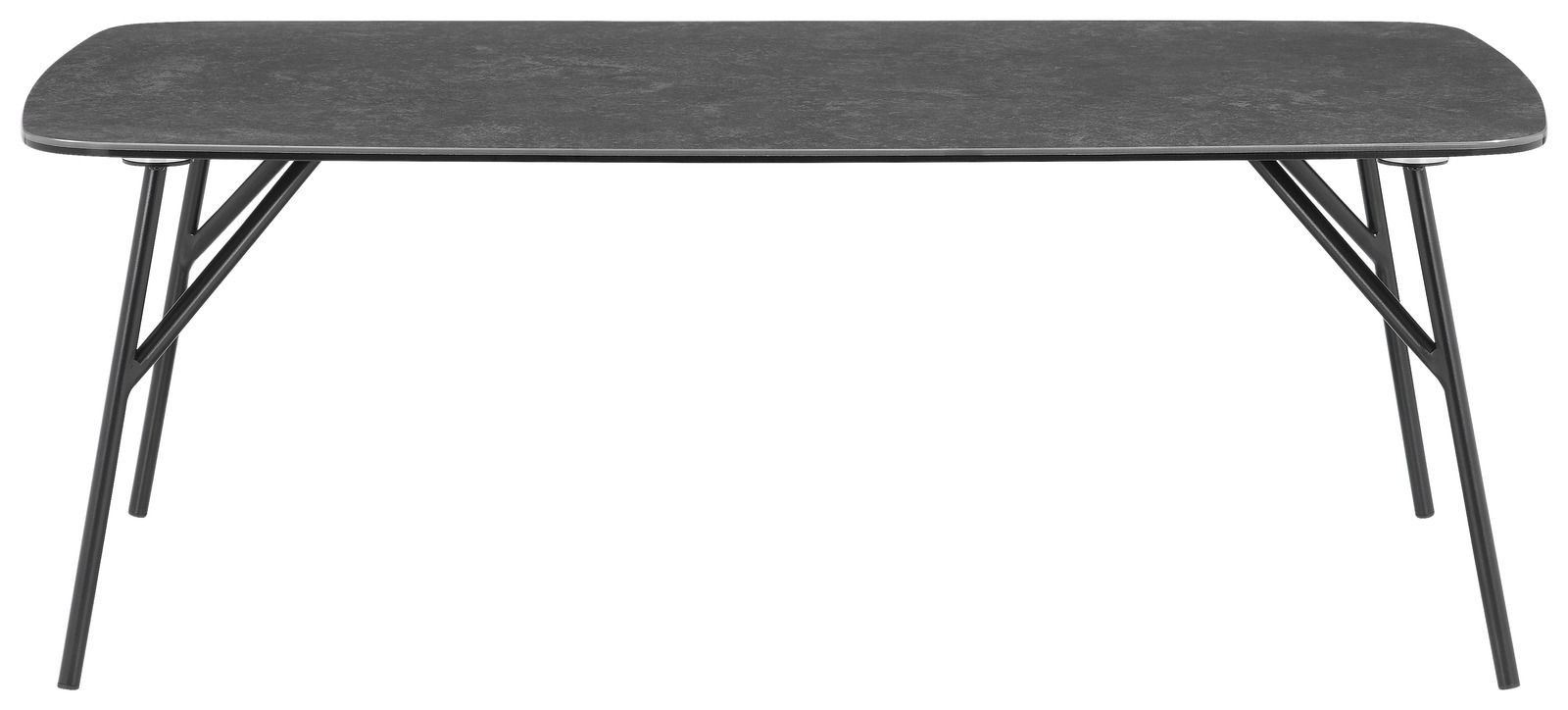 Moderner Couchtisch mit schwarzer Tischplatte und schlanken Metallbeinen, seitliche Perspektive