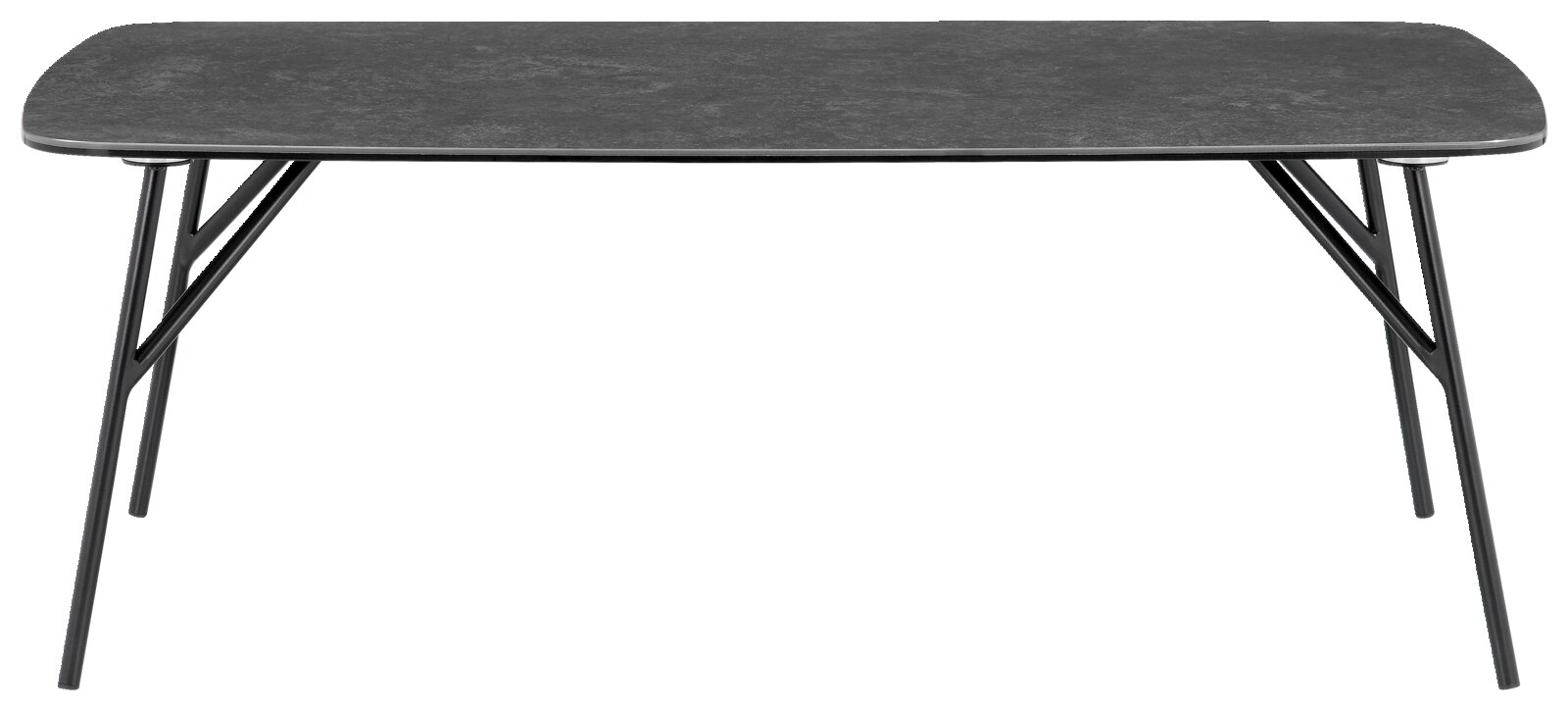 Moderner Couchtisch mit schwarzer Tischplatte und schlanken Metallbeinen, seitliche Perspektive