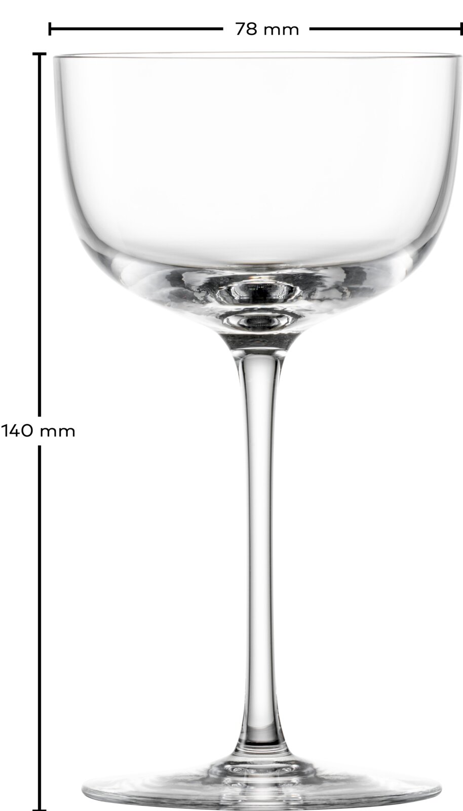 Transparentes Cocktailglas/Martiniglas mit breiter, flacher Schale und langem Stiel, Produktfoto in Frontansicht auf weißem Hintergrund, oben mit Maßangabe 78 mm und links mit Höhe 140 mm.