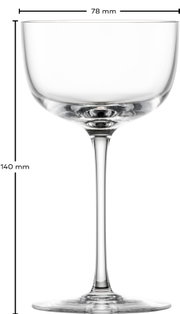 Transparentes Cocktailglas/Martiniglas mit breiter, flacher Schale und langem Stiel, Produktfoto in Frontansicht auf weißem Hintergrund, oben mit Maßangabe 78 mm und links mit Höhe 140 mm.