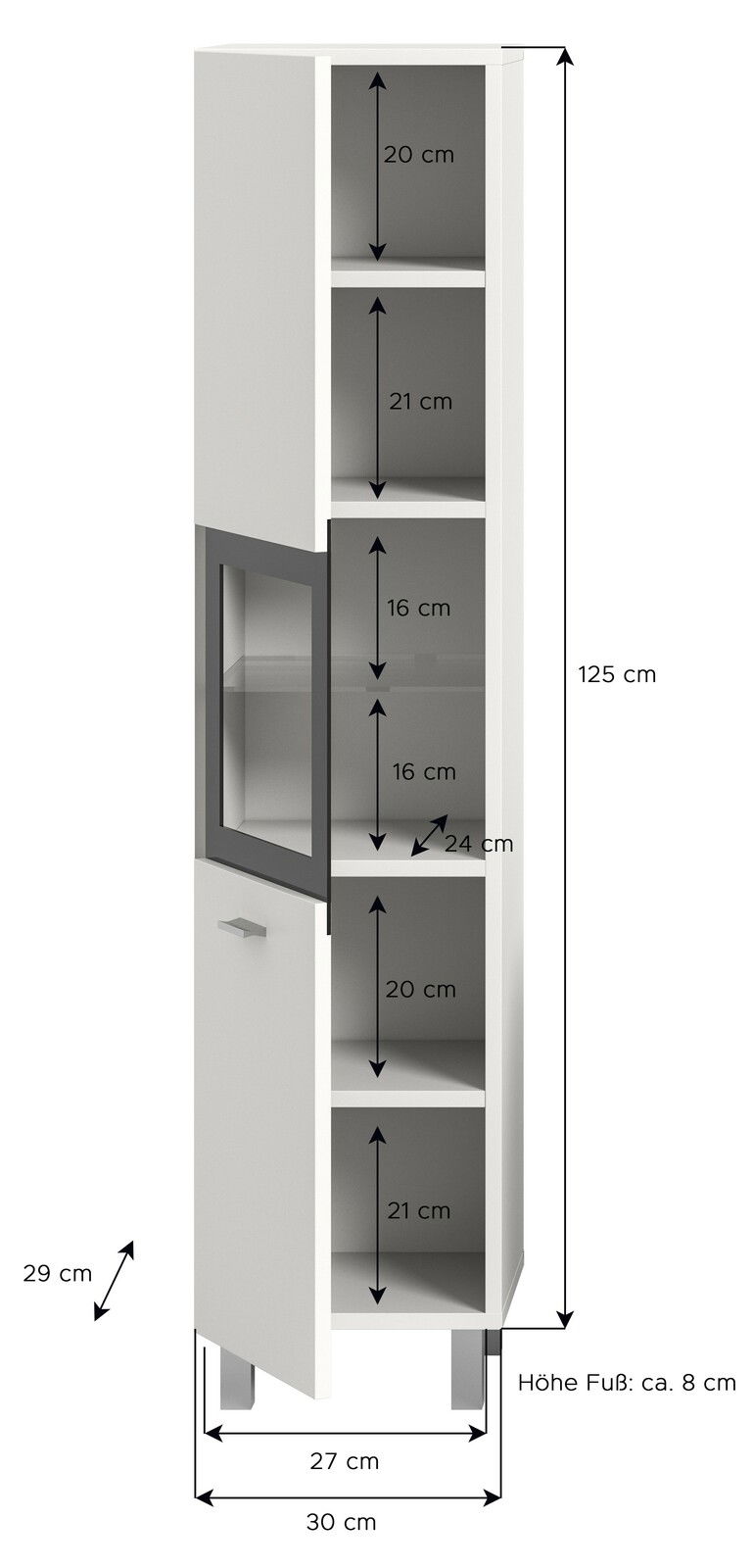 Weißer Badschrank mit mehreren offenen Fächern und einer Glastür, Maße: 125 cm hoch, 30 cm breit, 29 cm tief, Perspektive von vorne.