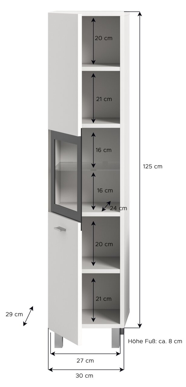 Weißer Badschrank mit mehreren offenen Fächern und einer Glastür, Maße: 125 cm hoch, 30 cm breit, 29 cm tief, Perspektive von vorne.