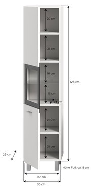 Weißer Badschrank mit mehreren offenen Fächern und einer Glastür, Maße: 125 cm hoch, 30 cm breit, 29 cm tief, Perspektive von vorne.
