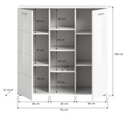 Weiße Kommode mit zwei offenen Türen, neun Fächern und den Maßen 110 cm Breite, 108 cm Höhe und 37 cm Tiefe, frontale Ansicht.