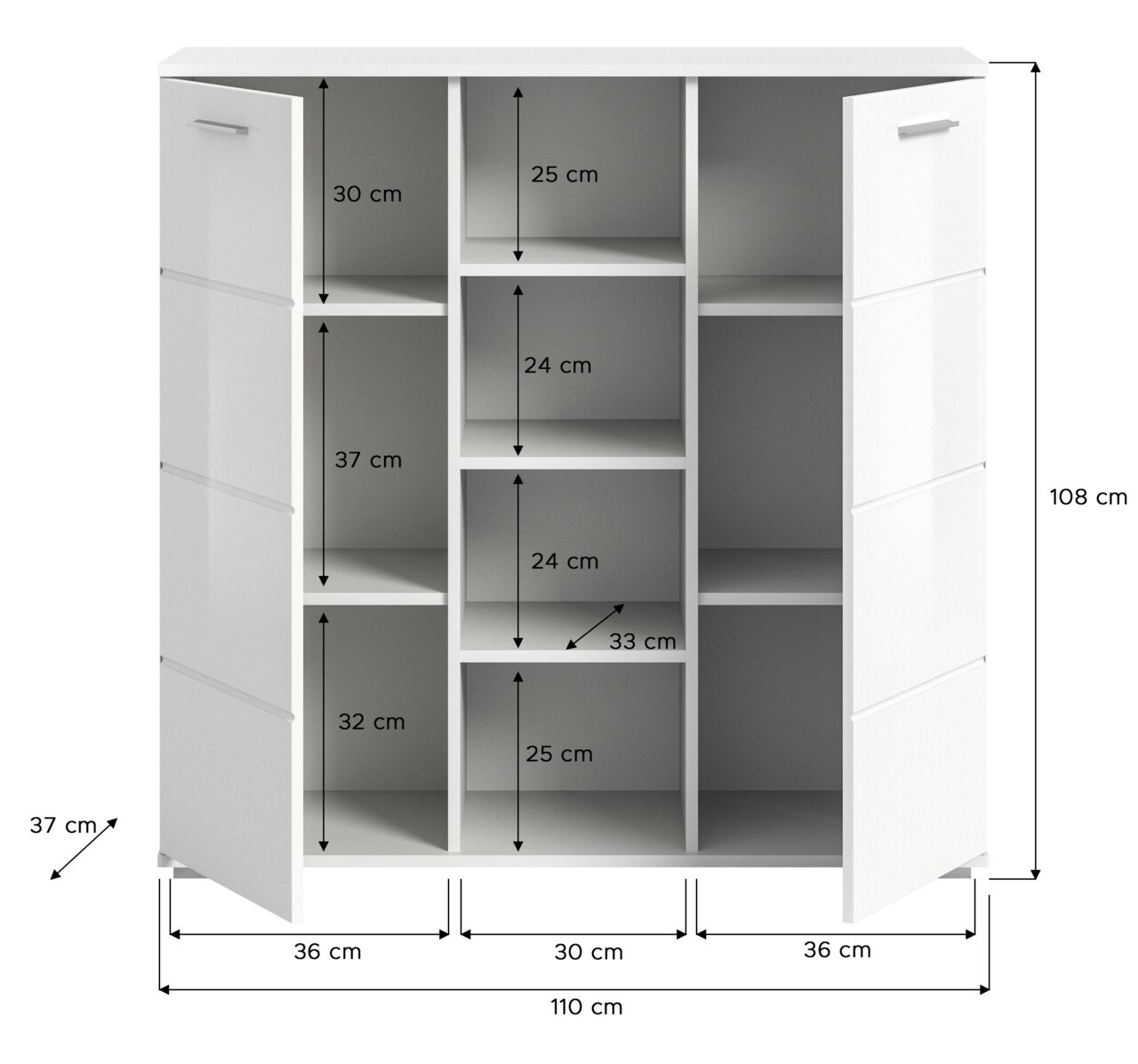 Weiße Kommode mit zwei offenen Türen, neun Fächern und den Maßen 110 cm Breite, 108 cm Höhe und 37 cm Tiefe, frontale Ansicht.