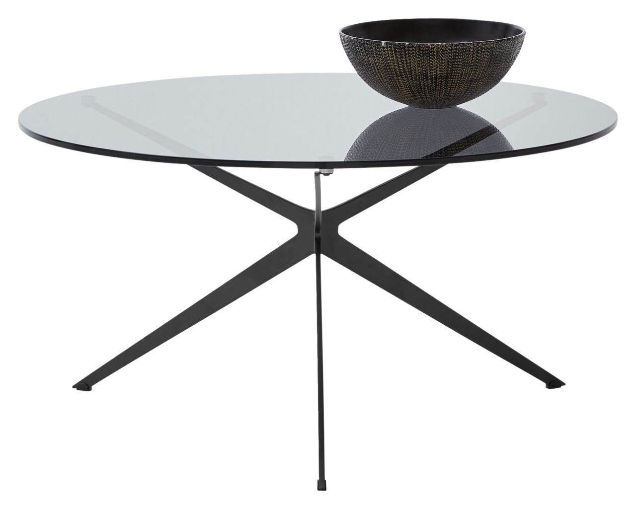 Musterring Couchtisch FABIA CT 3700 Runder Couchtisch mit Glasplatte und schwarzem Metallgestell, seitliche Perspektive, dekoriert mit einer Schale.