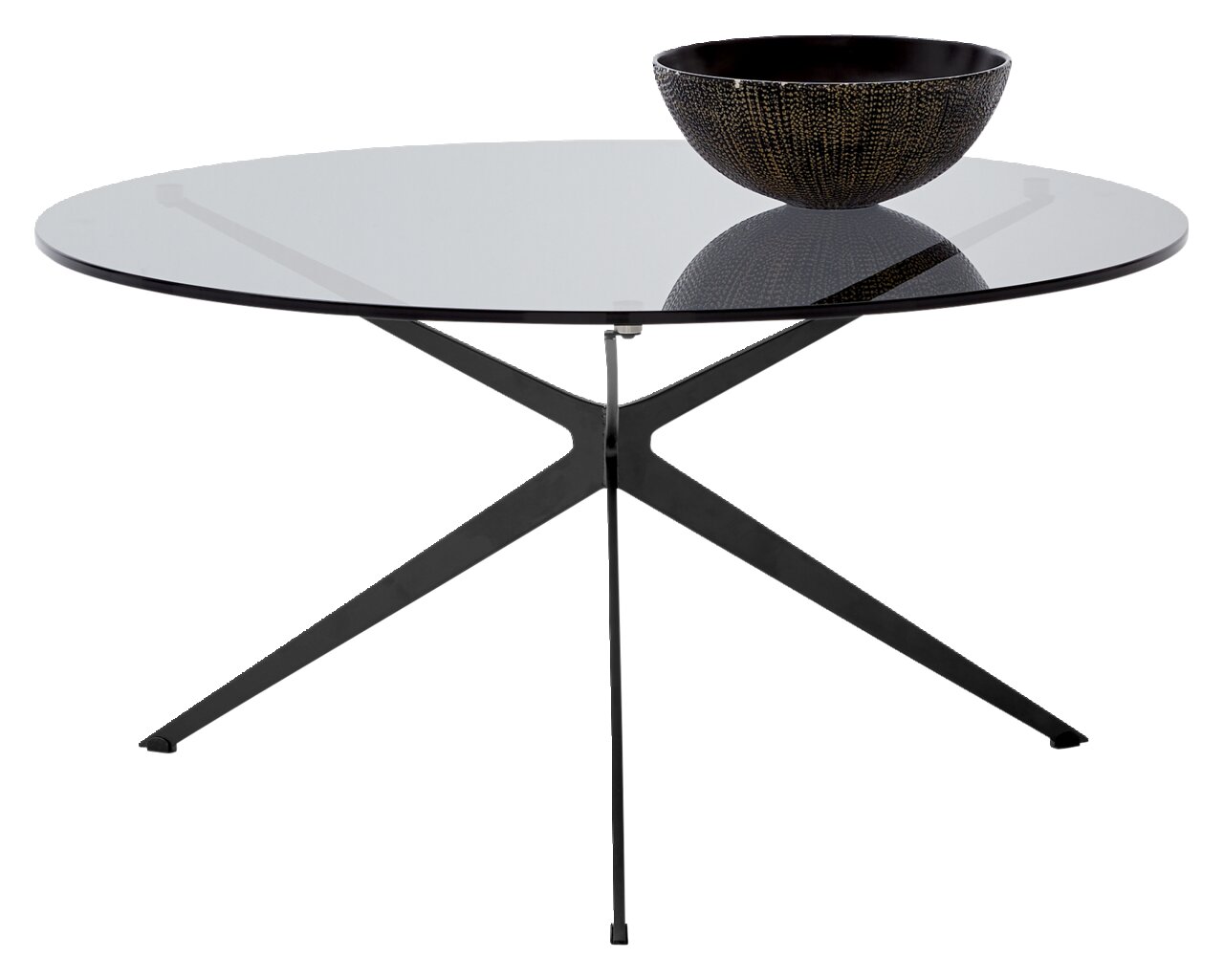 Runder Couchtisch mit Glasplatte und schwarzem Metallgestell, seitliche Perspektive, dekoriert mit einer Schale.