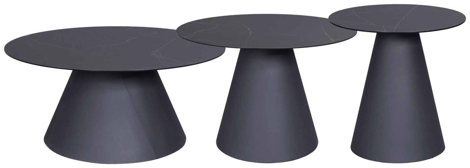 Drei moderne, runde Couchtische in verschiedenen Höhen, aus dunklem Material mit konischen Sockeln, seitliche Perspektive.