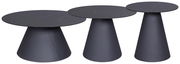 Drei moderne, runde Couchtische in verschiedenen Höhen, aus dunklem Material mit konischen Sockeln, seitliche Perspektive.