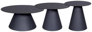 Drei moderne, runde Couchtische in verschiedenen Höhen, aus dunklem Material mit konischen Sockeln, seitliche Perspektive.
