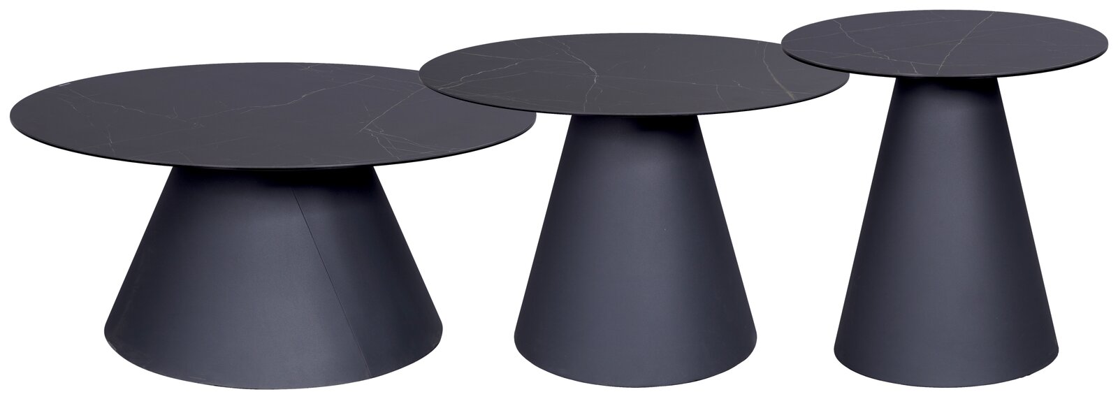 Drei moderne, runde Couchtische in verschiedenen Höhen, aus dunklem Material mit konischen Sockeln, seitliche Perspektive.
