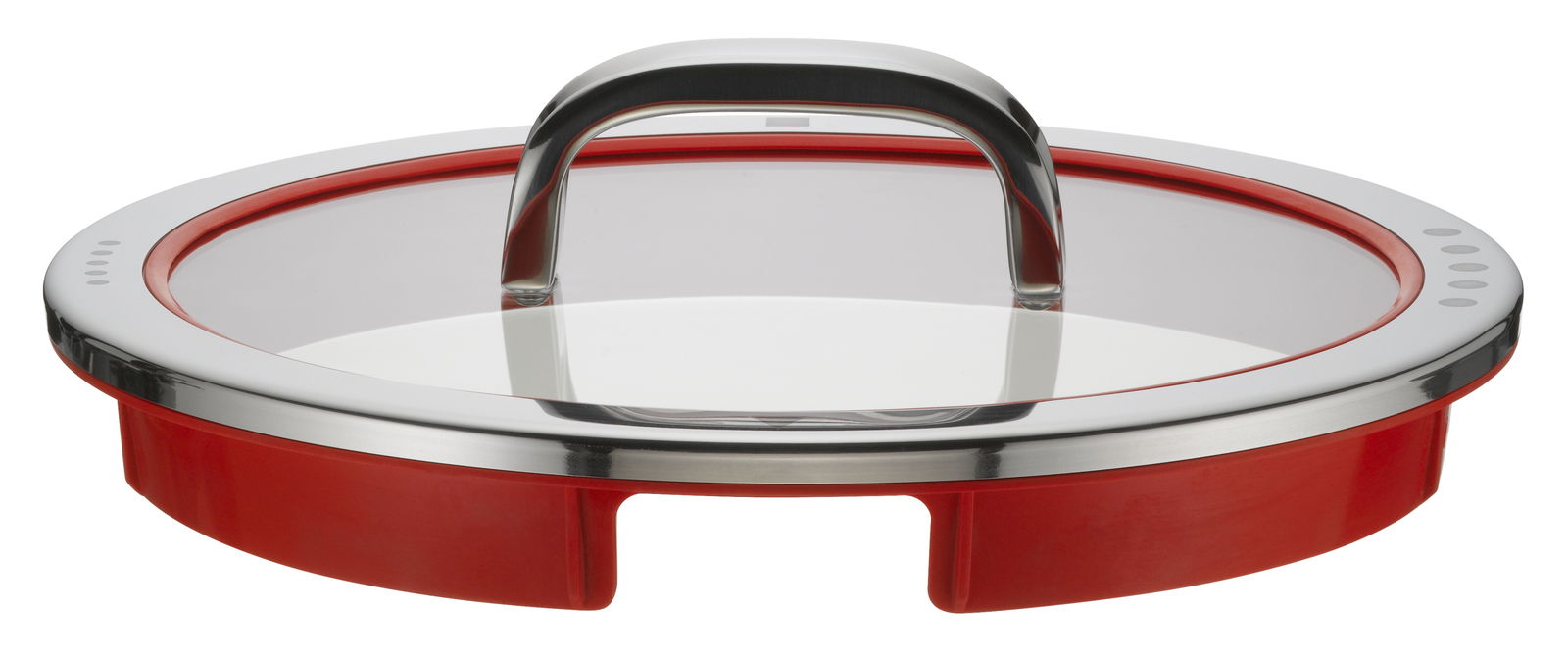 Roter Topfdeckel mit Edelstahlgriff, seitliche Perspektive