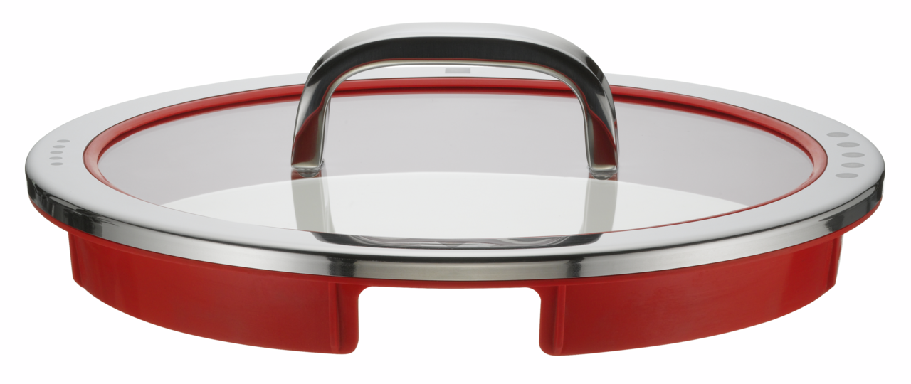 Roter Topfdeckel mit Edelstahlgriff, seitliche Perspektive