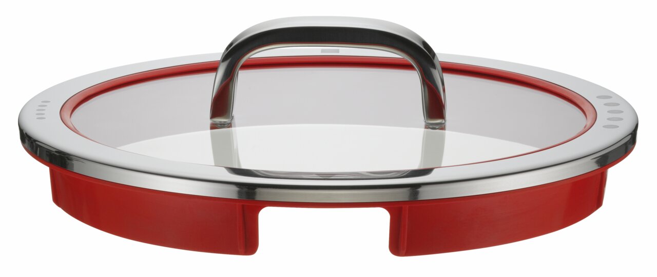 Roter Topfdeckel mit Edelstahlgriff, seitliche Perspektive