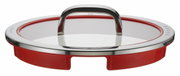 Roter Topfdeckel mit Edelstahlgriff, seitliche Perspektive