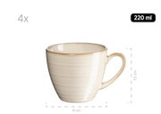 Cremefarbene Keramik-Kaffeetasse mit Henkel, 220 ml, ca. 7,5 cm hoch und 9 cm breit, in seitlicher Ansicht leicht von oben vor weißem Hintergrund