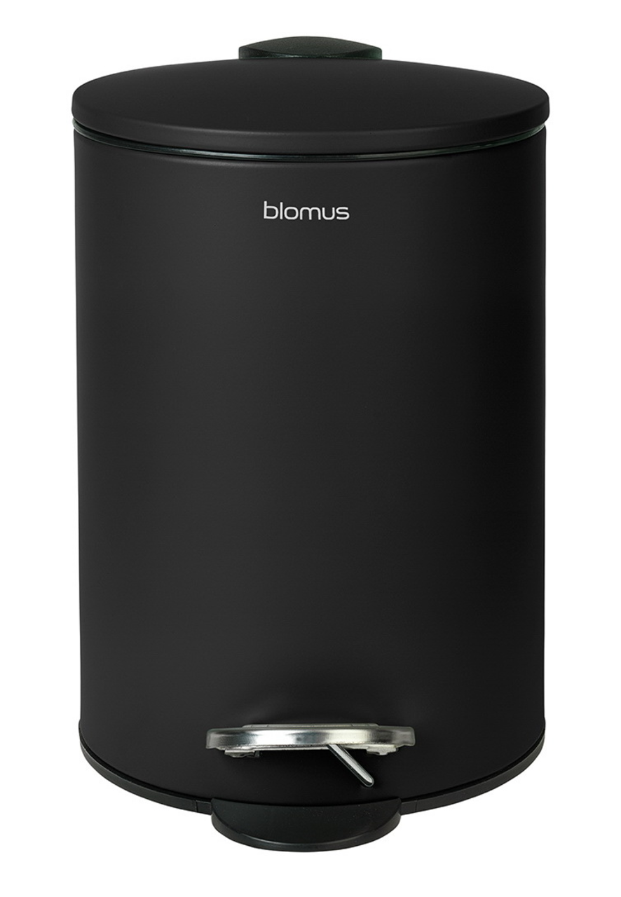 Schwarzer Treteimer TUBO von vorne mit Fußpedal und Deckel.