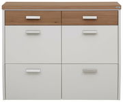 Moderner Hängeschuhschrank mit zwei Holzschubladen und vier weißen Klappen, Frontalansicht