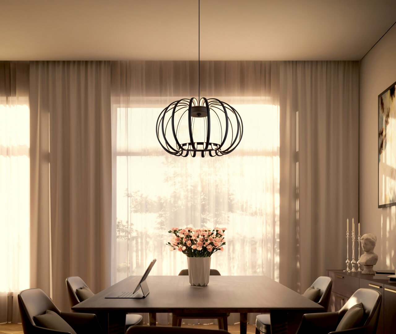 Globo Lighting LED-Hängeleuchte RIBBON Moderne LED-Hängeleuchte in einem stilvollen Esszimmer, aus der Perspektive des Raumes betrachtet.