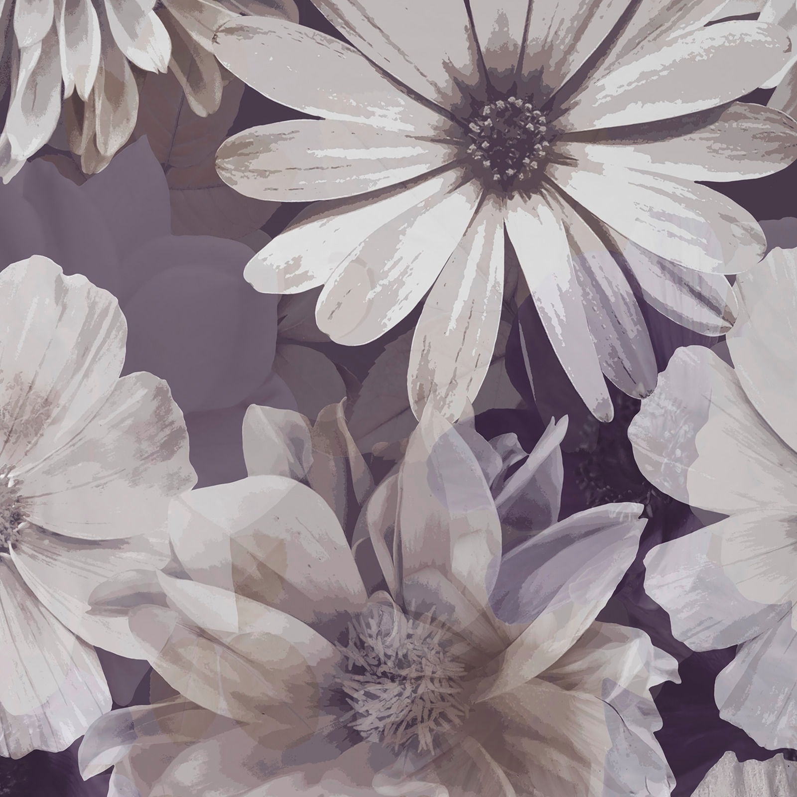 Nahaufnahme einer Wendebettwäsche mit floralem Muster in sanften Lila- und Beigetönen, von oben betrachtet.